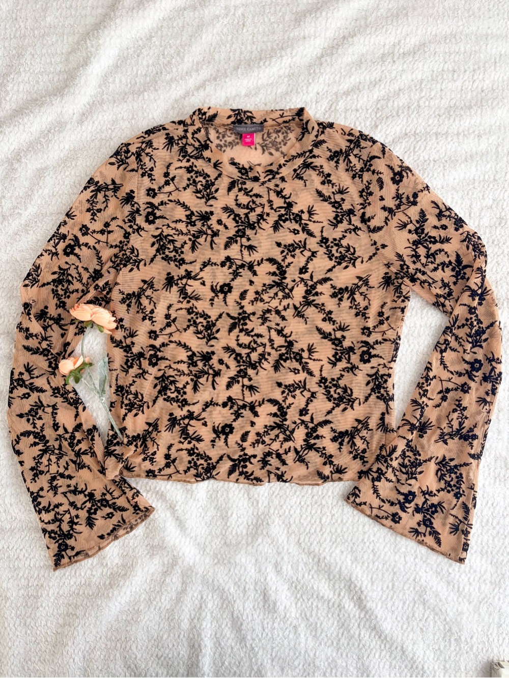 Vince Camuto Sheer Mesh Floral Top Nude Black Long Sleeve Flocked Blouse Size M